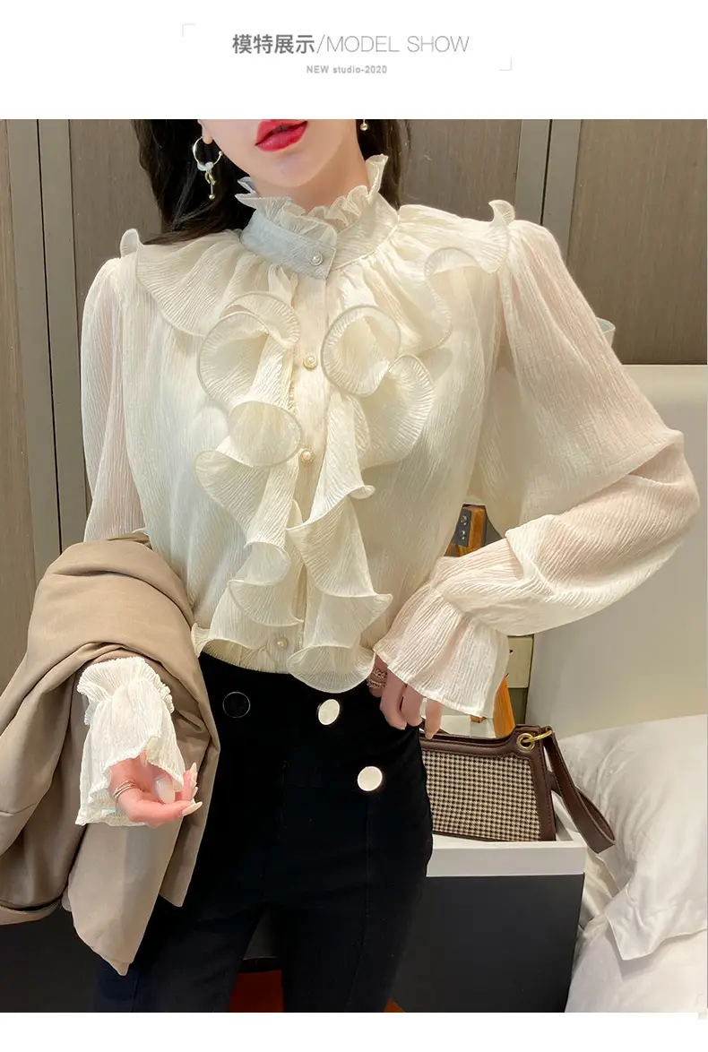 White Ruffled Chiffon Long Sleeve Shirt for Women — feature 10