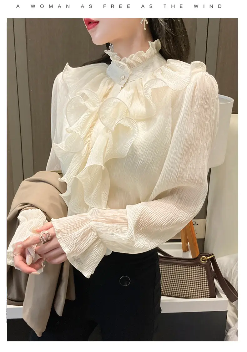 White Ruffled Chiffon Long Sleeve Shirt for Women — feature 11