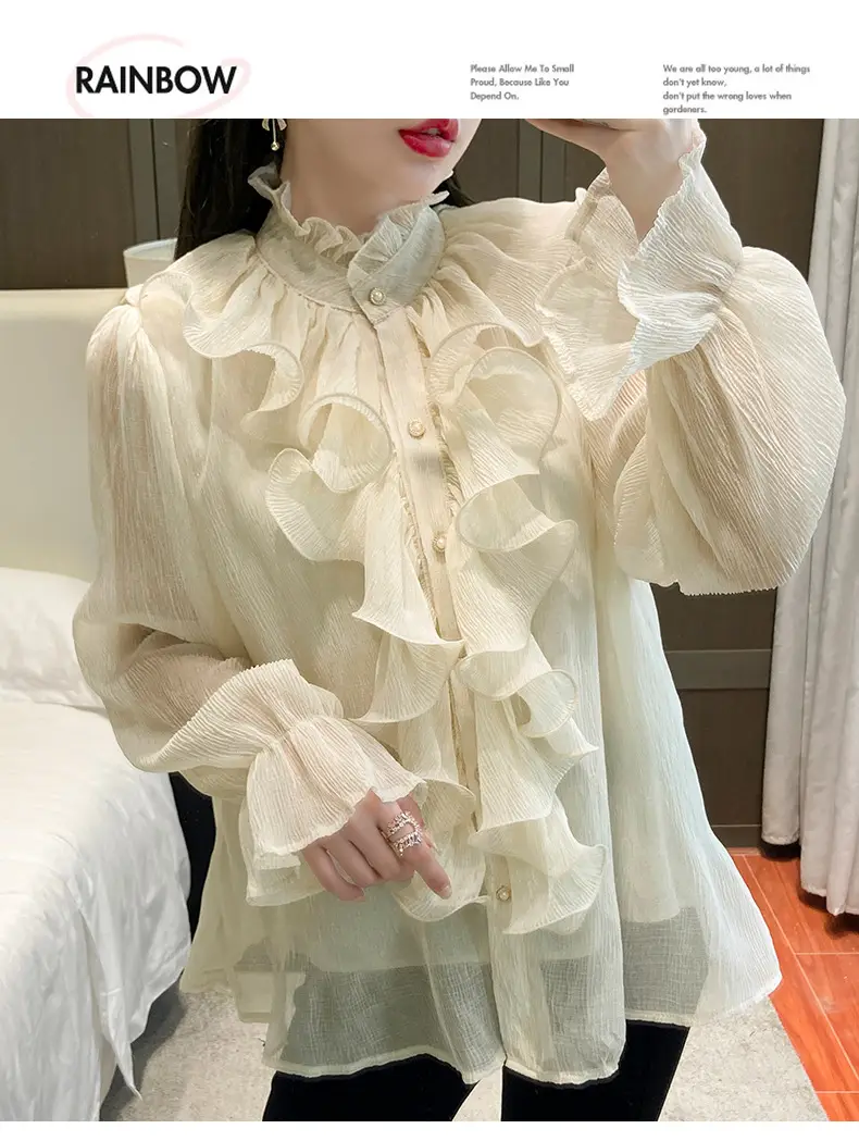 White Ruffled Chiffon Long Sleeve Shirt for Women — feature 12