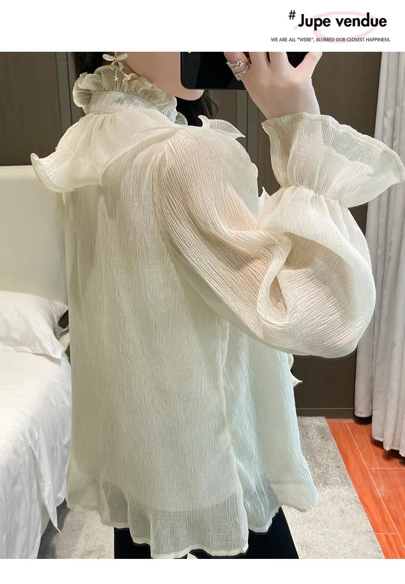 White Ruffled Chiffon Long Sleeve Shirt for Women — feature 13