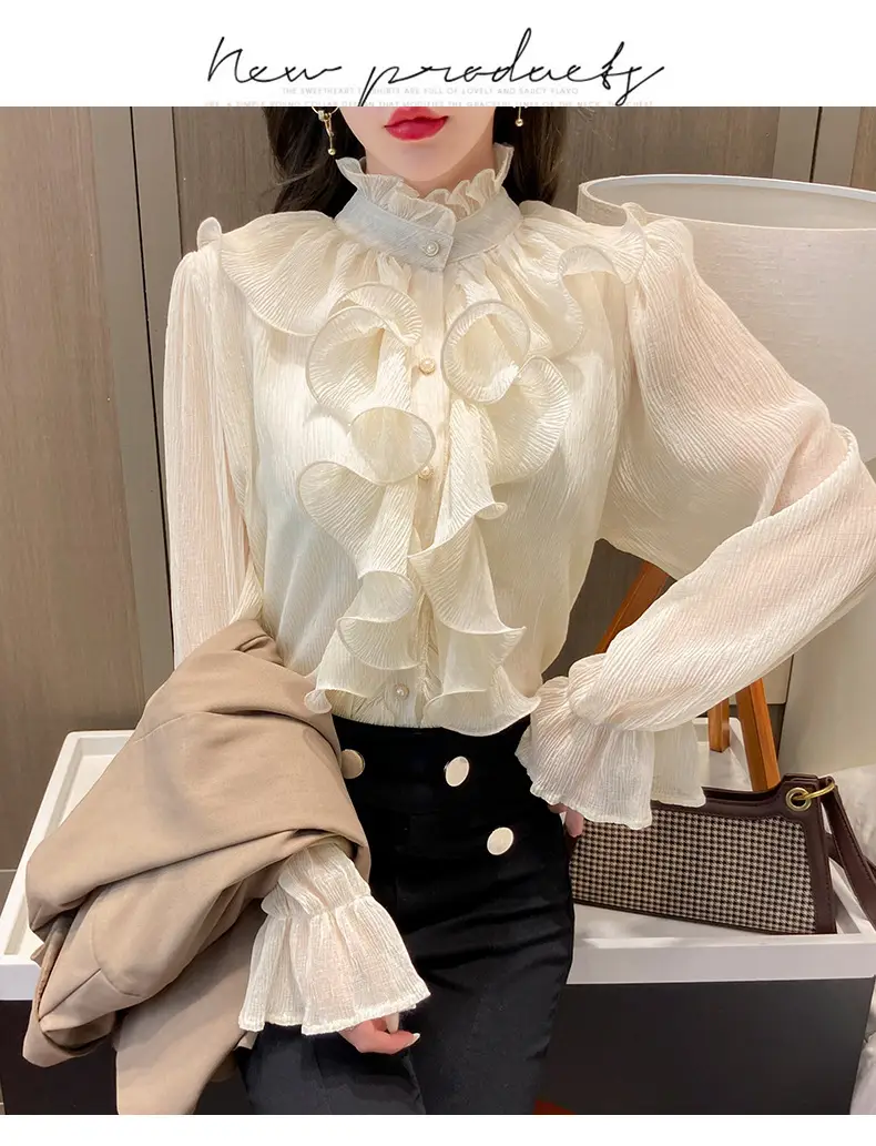White Ruffled Chiffon Long Sleeve Shirt for Women — feature 14