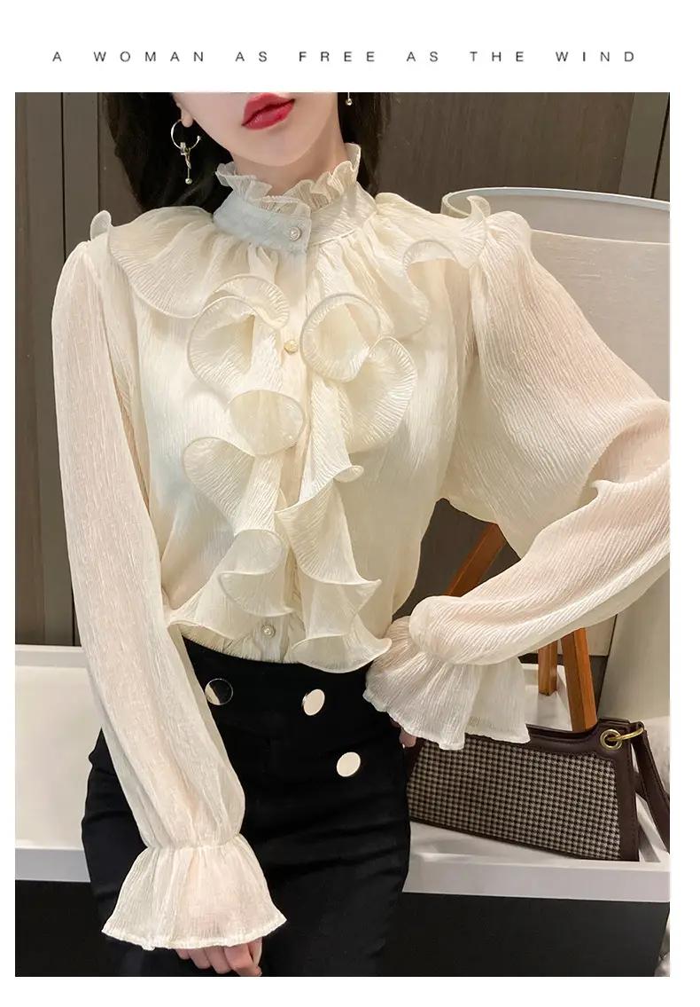 White Ruffled Chiffon Long Sleeve Shirt for Women — feature 15