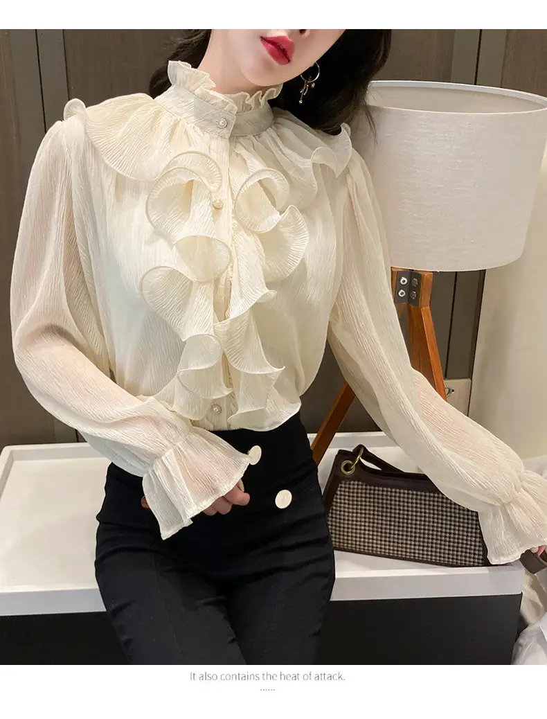 White Ruffled Chiffon Long Sleeve Shirt for Women — feature 16