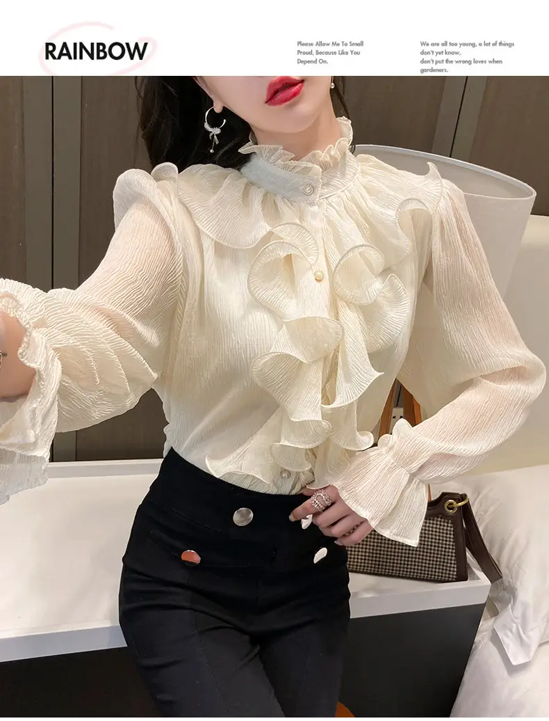White Ruffled Chiffon Long Sleeve Shirt for Women — feature 17