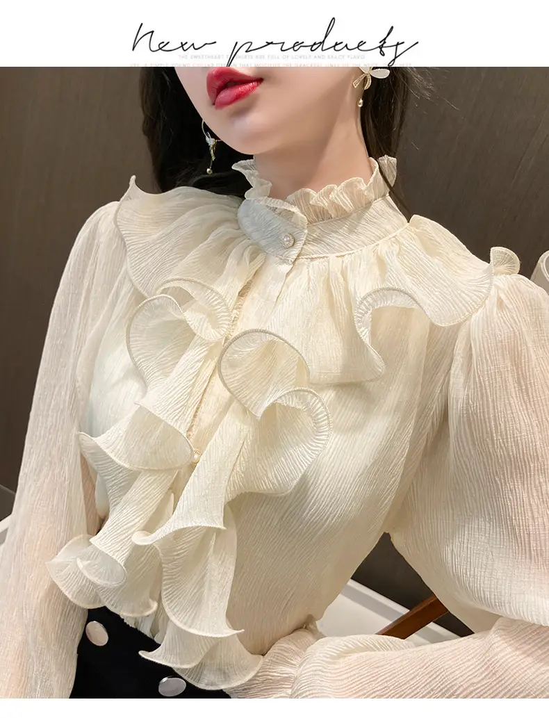 White Ruffled Chiffon Long Sleeve Shirt for Women — feature 18