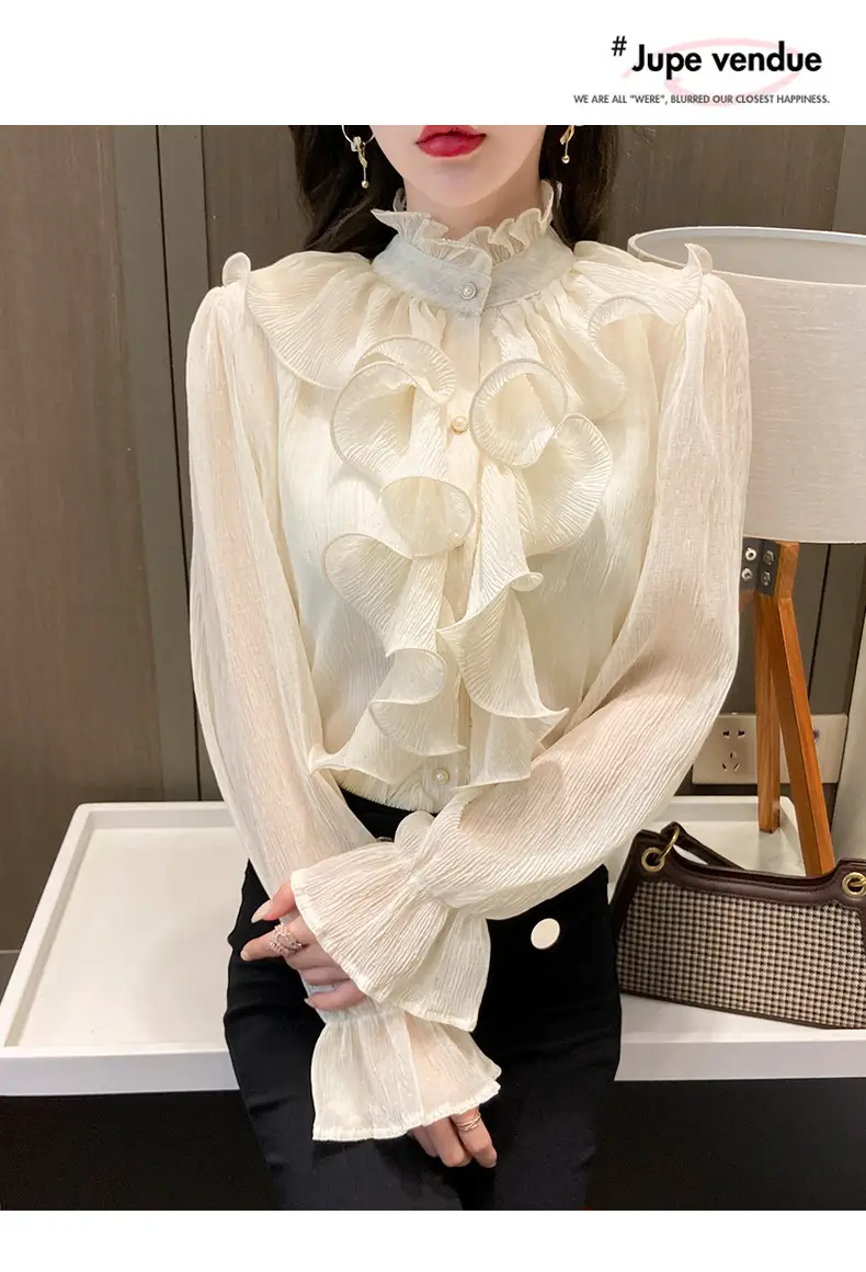 White Ruffled Chiffon Long Sleeve Shirt for Women — feature 19