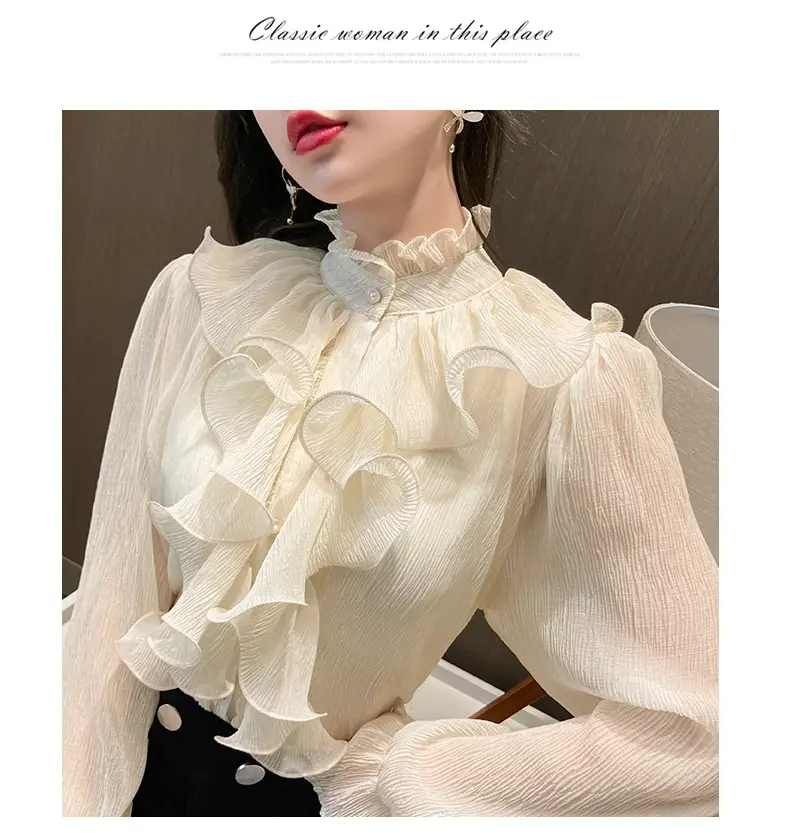 White Ruffled Chiffon Long Sleeve Shirt for Women — feature 2