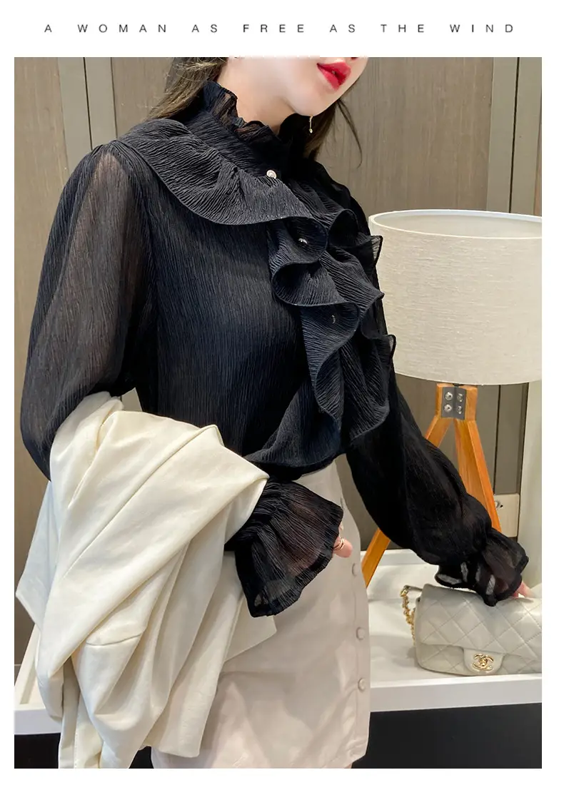 White Ruffled Chiffon Long Sleeve Shirt for Women — feature 20