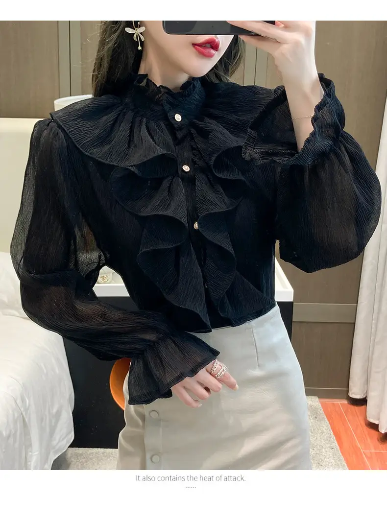 White Ruffled Chiffon Long Sleeve Shirt for Women — feature 21