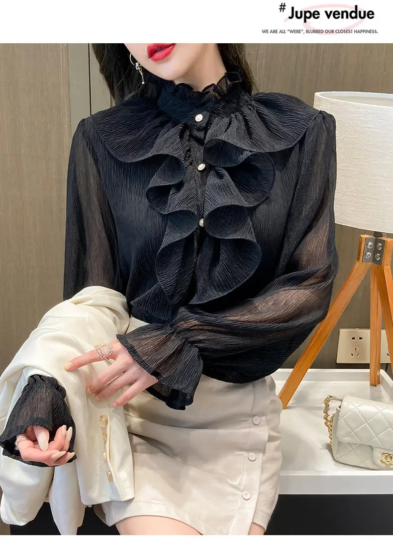 White Ruffled Chiffon Long Sleeve Shirt for Women — feature 22
