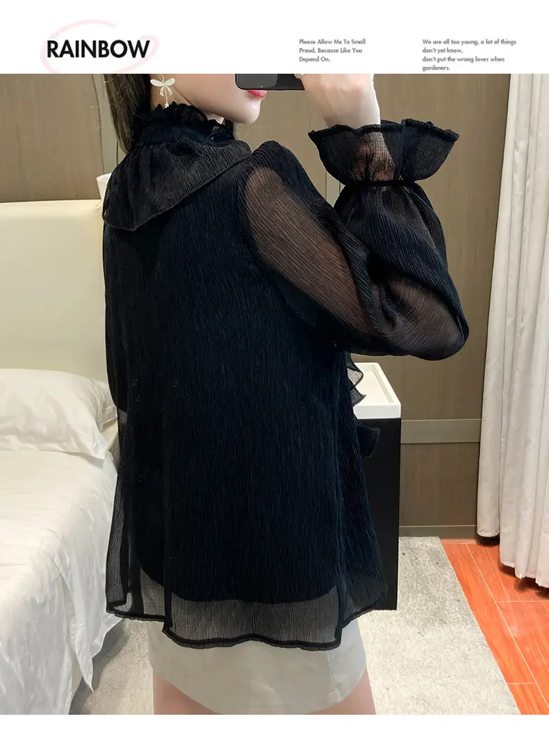 White Ruffled Chiffon Long Sleeve Shirt for Women — feature 23