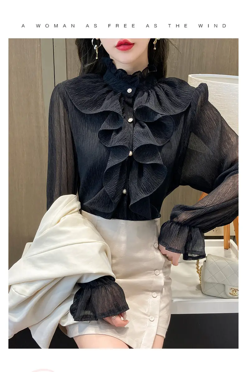 White Ruffled Chiffon Long Sleeve Shirt for Women — feature 24