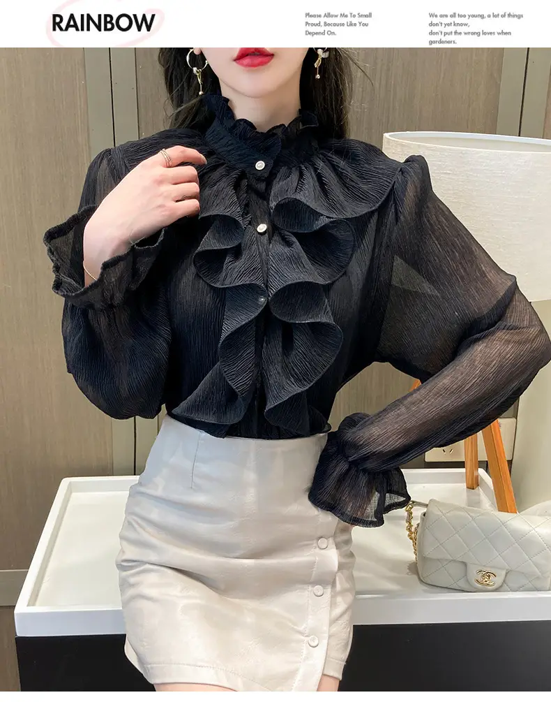 White Ruffled Chiffon Long Sleeve Shirt for Women — feature 25