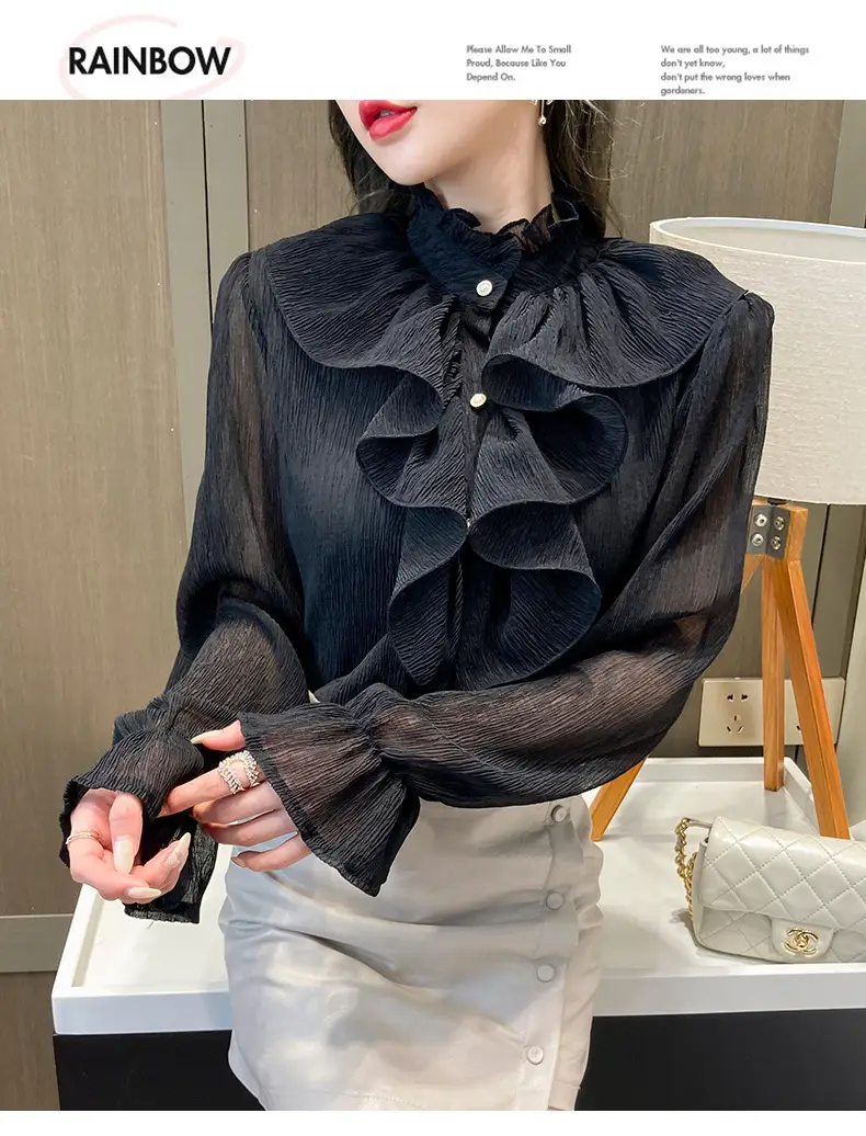 White Ruffled Chiffon Long Sleeve Shirt for Women — feature 27