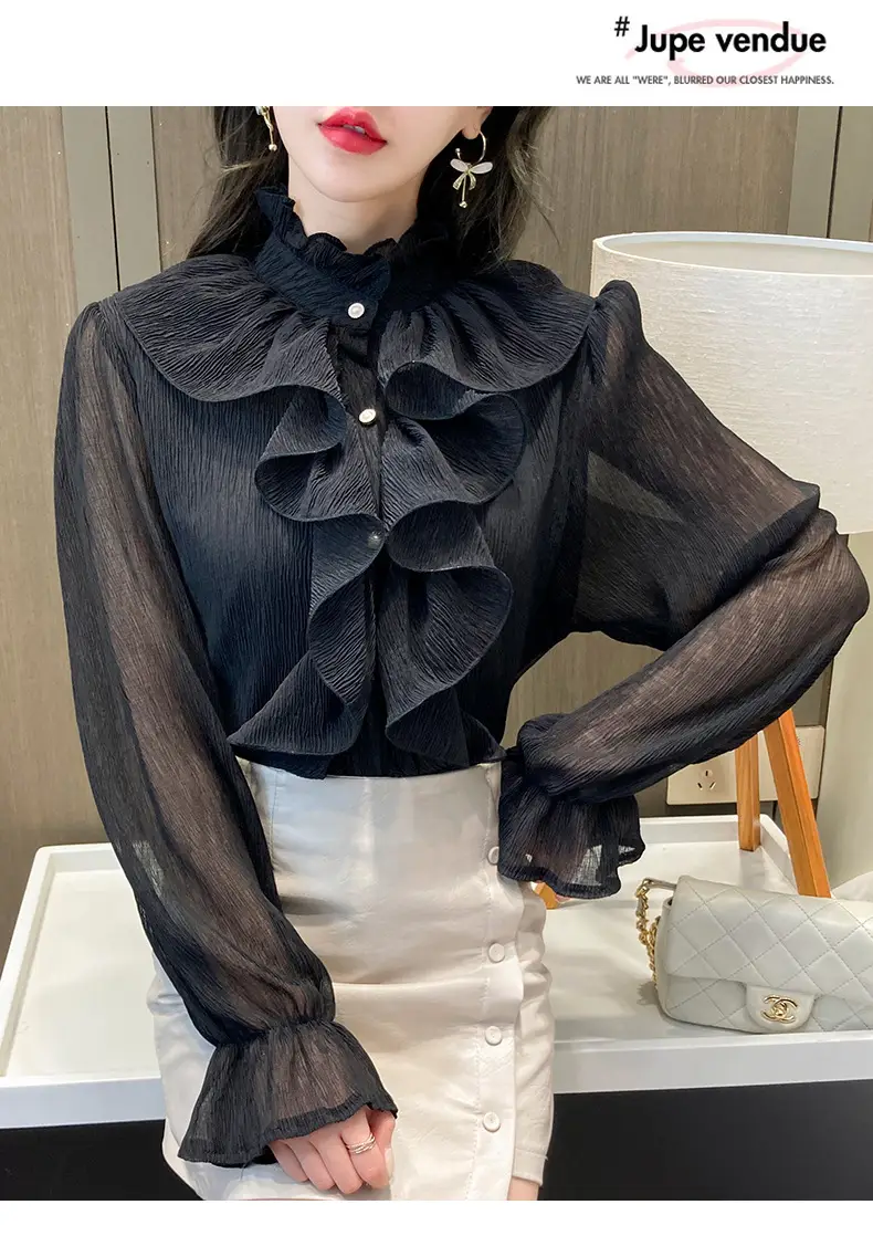 White Ruffled Chiffon Long Sleeve Shirt for Women — feature 28