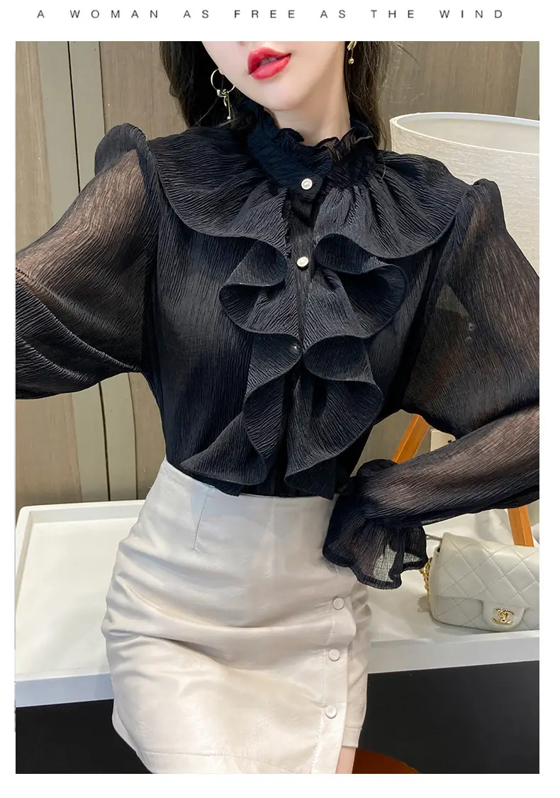White Ruffled Chiffon Long Sleeve Shirt for Women — feature 29