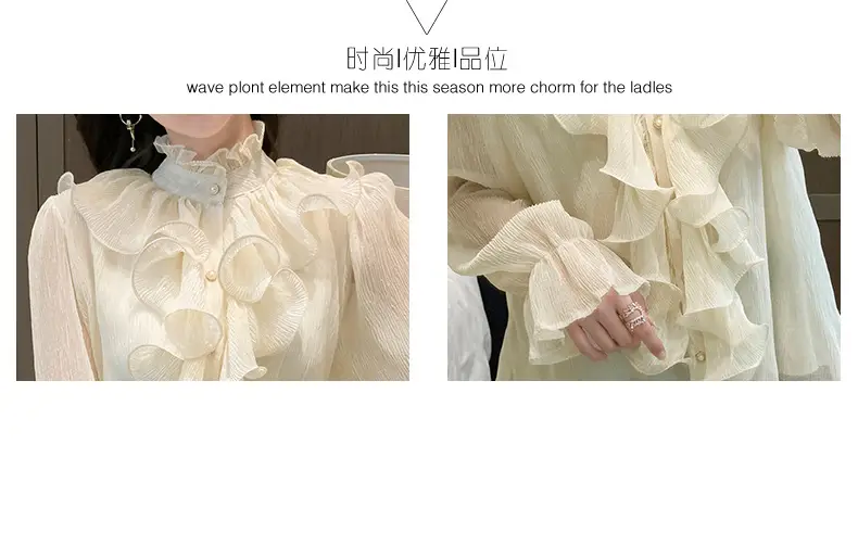 White Ruffled Chiffon Long Sleeve Shirt for Women — feature 3