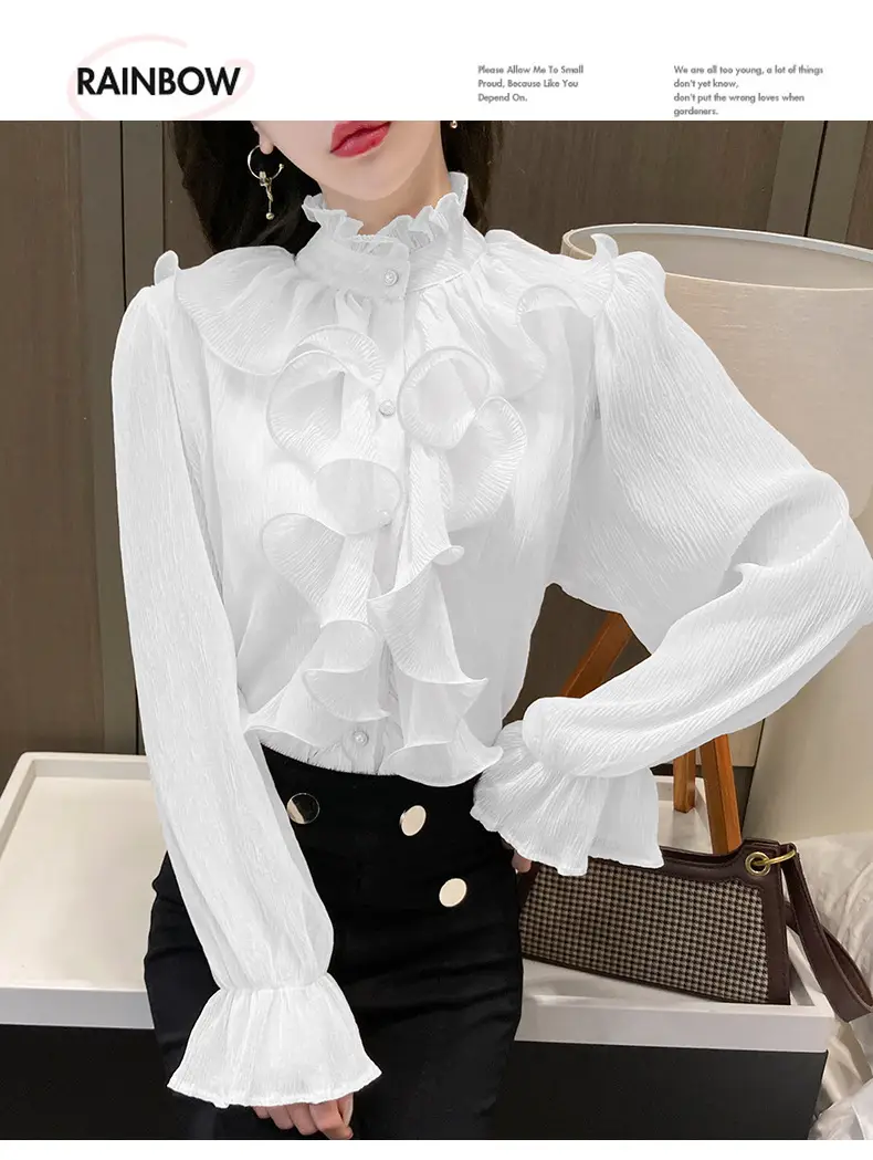 White Ruffled Chiffon Long Sleeve Shirt for Women — feature 30