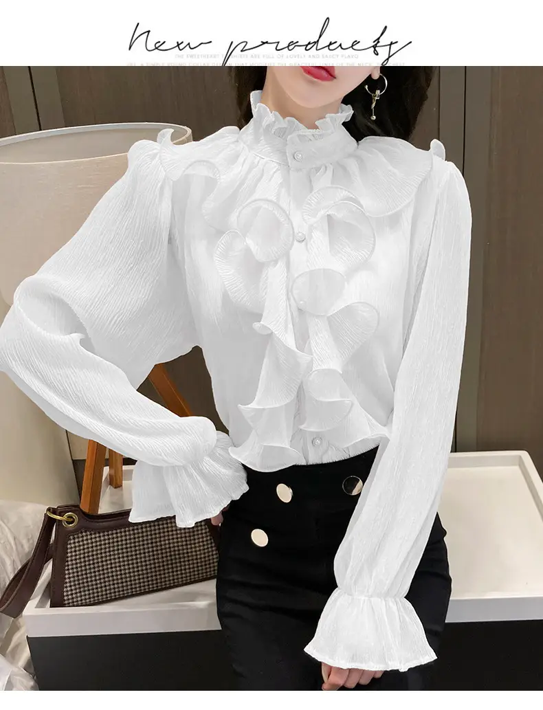 White Ruffled Chiffon Long Sleeve Shirt for Women — feature 31