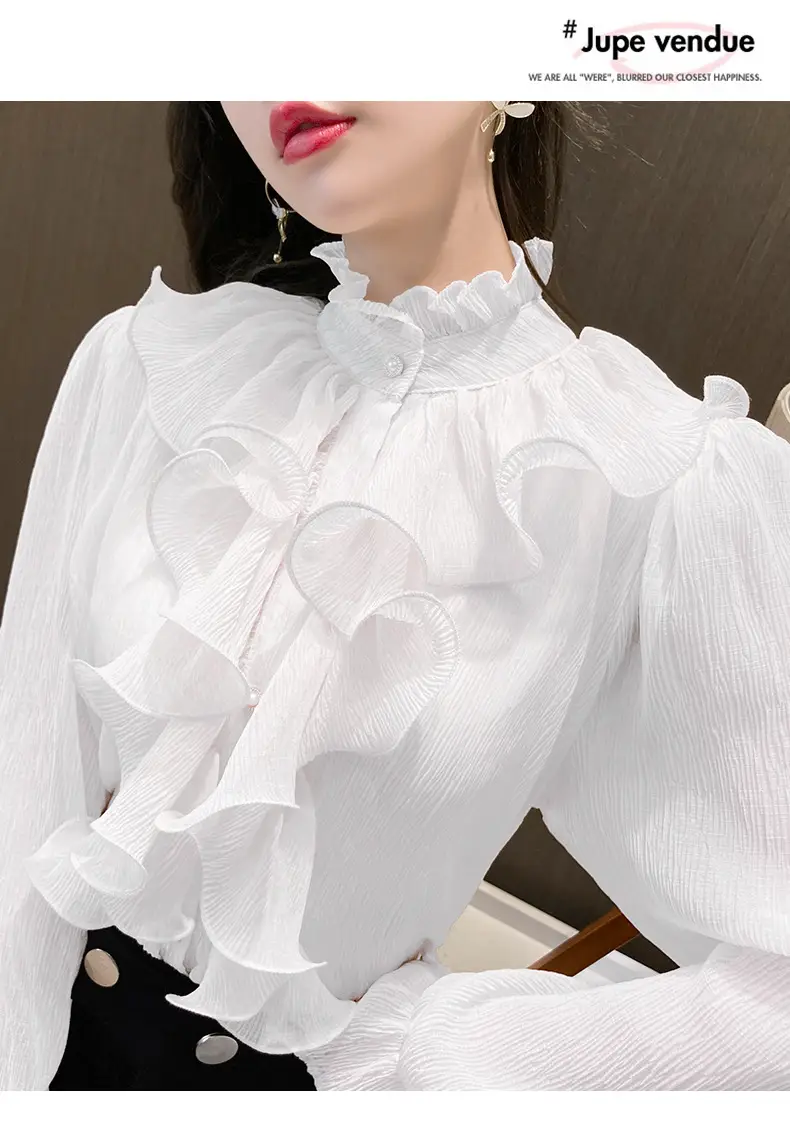 White Ruffled Chiffon Long Sleeve Shirt for Women — feature 32