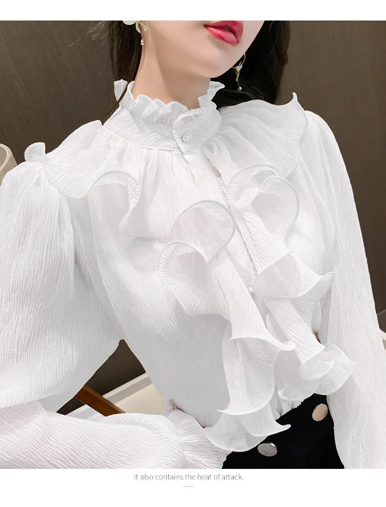 White Ruffled Chiffon Long Sleeve Shirt for Women — feature 33