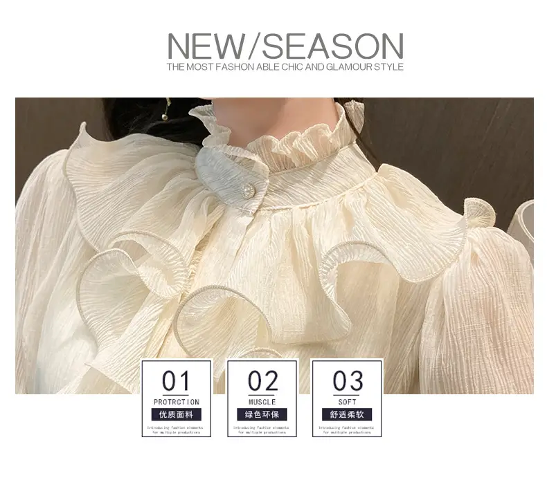 White Ruffled Chiffon Long Sleeve Shirt for Women — feature 6