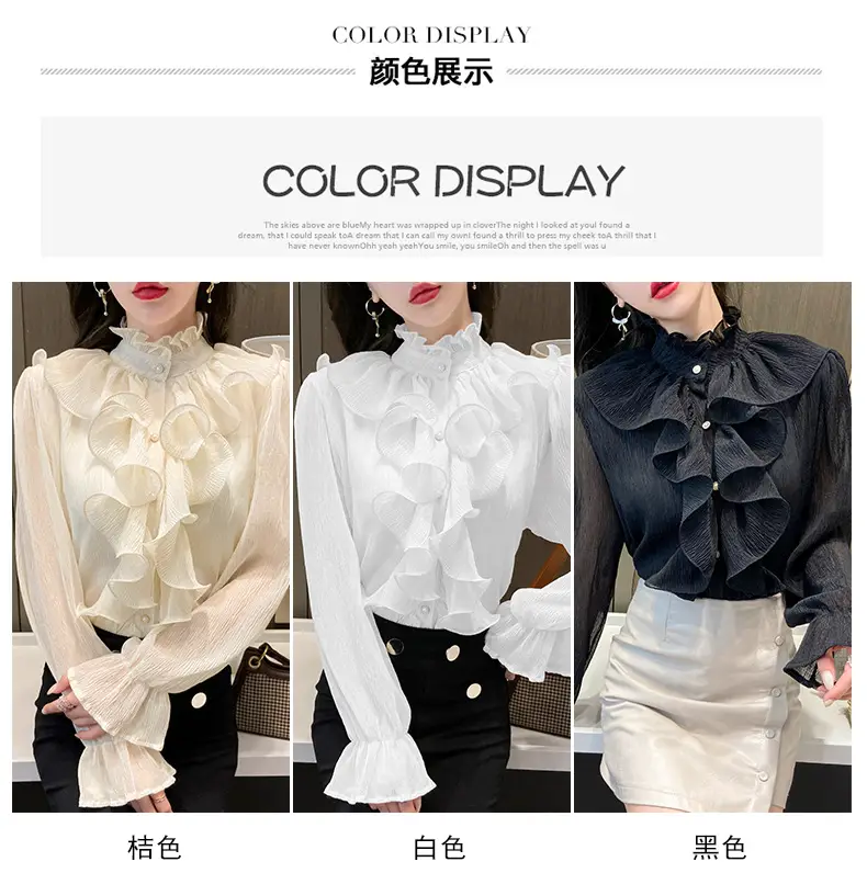 White Ruffled Chiffon Long Sleeve Shirt for Women — feature 8