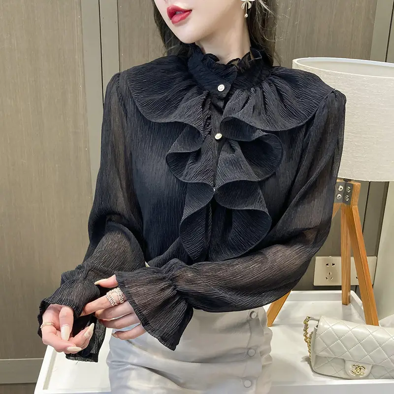 White Ruffled Chiffon Long Sleeve Shirt for Women - Image 3