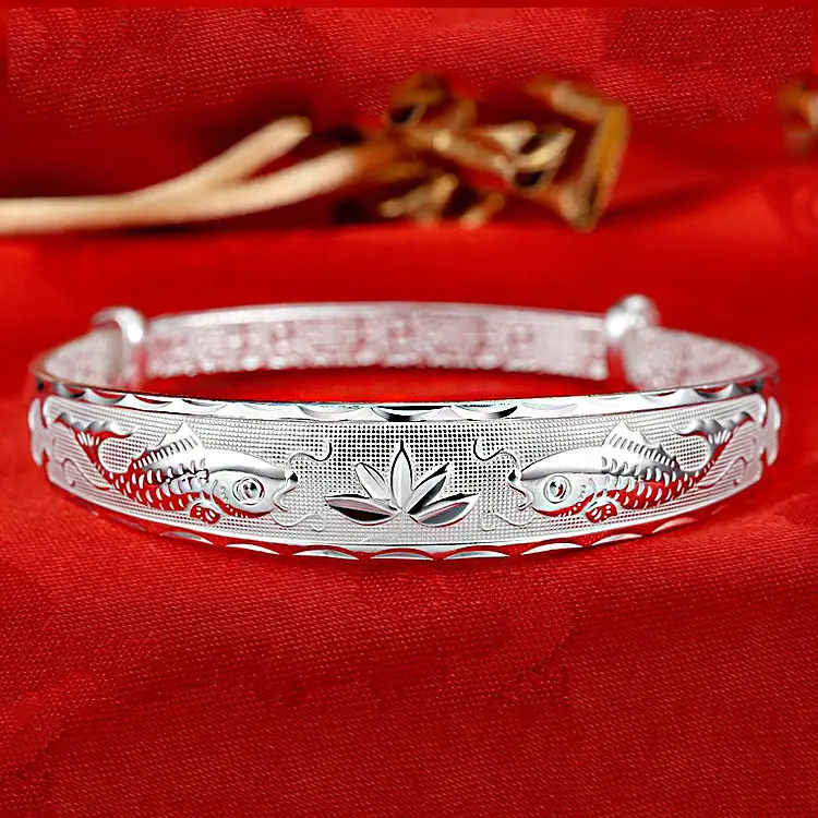 Silver Plated Double Fish Lotus Bracelet for Women - Image 2