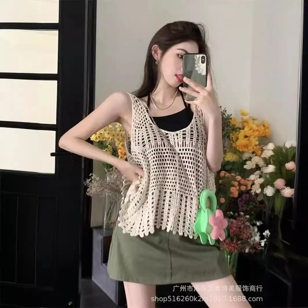 Women's Camisole Sweater Top Cream Hollow Sleeveless Summer - Image 18