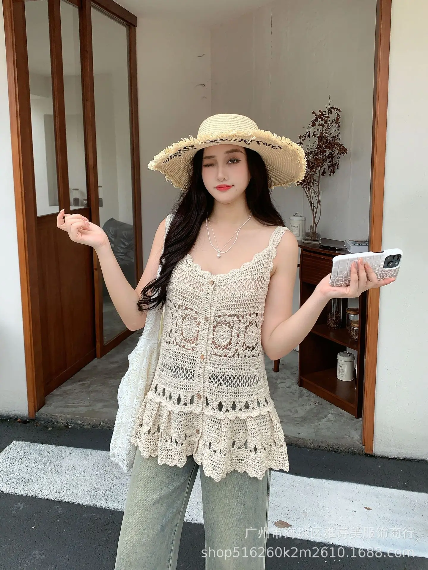 Women's Camisole Sweater Top Cream Hollow Sleeveless Summer - Image 13