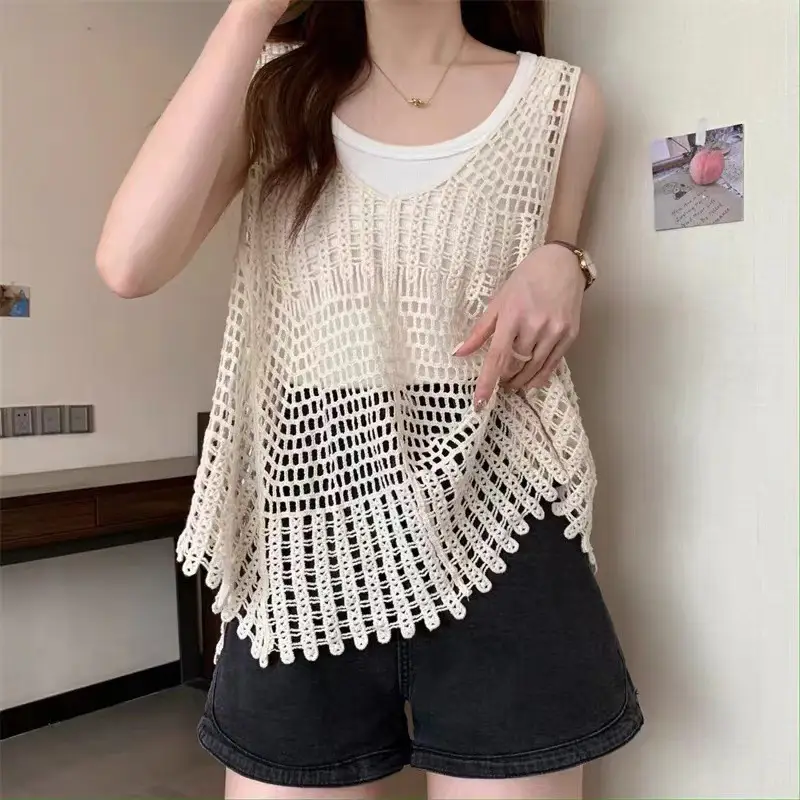 Women's Camisole Sweater Top Cream Hollow Sleeveless Summer - Image 2