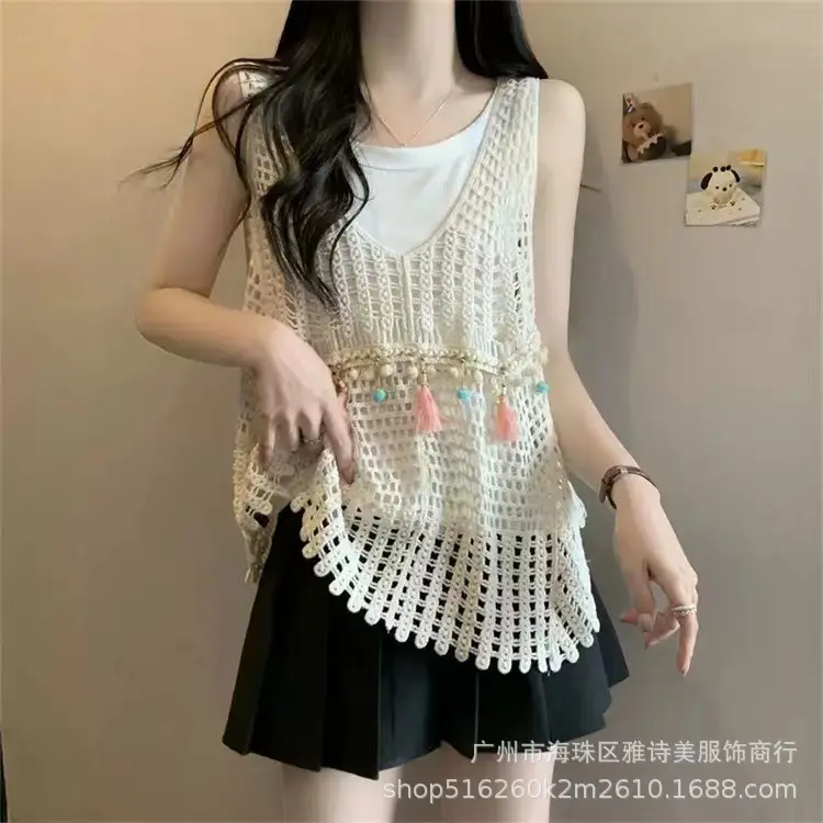 Women's Camisole Sweater Top Cream Hollow Sleeveless Summer - Image 5