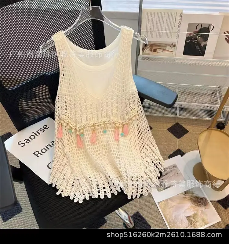 Women's Camisole Sweater Top Cream Hollow Sleeveless Summer - Image 6