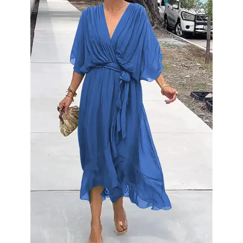 2025 V-Neck Ruffled Slim Fit Dress Multi Color — feature 43