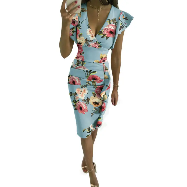2025 V-Neck Ruffled Slim Fit Dress Multi Color — feature 58