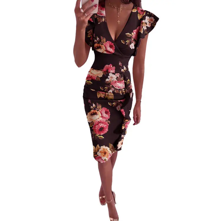 2025 V-Neck Ruffled Slim Fit Dress Multi Color — feature 59