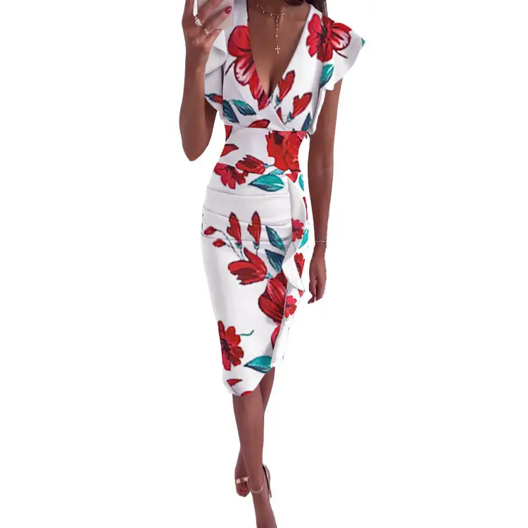 2025 V-Neck Ruffled Slim Fit Dress Multi Color — feature 60