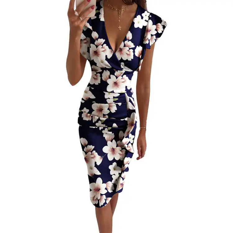 2025 V-Neck Ruffled Slim Fit Dress Multi Color — feature 62
