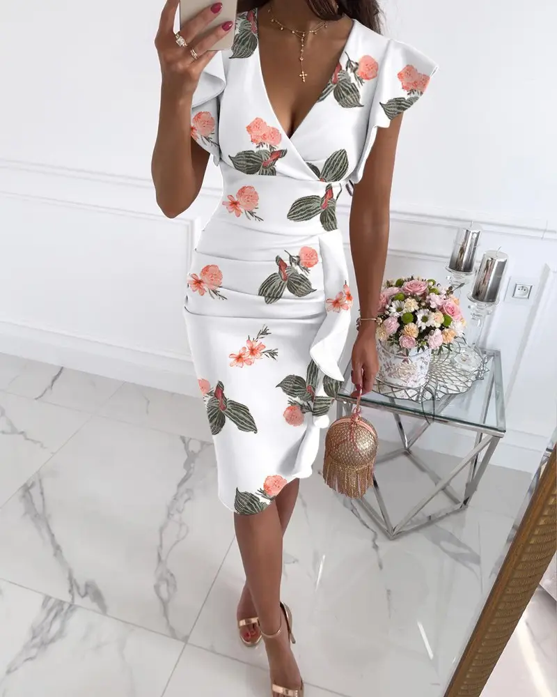 2025 V-Neck Ruffled Slim Fit Dress Multi Color — feature 66