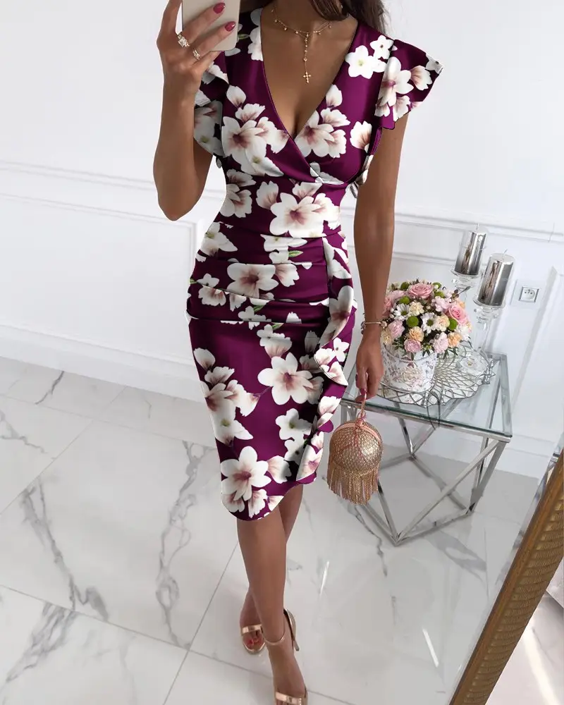 2025 V-Neck Ruffled Slim Fit Dress Multi Color — feature 67