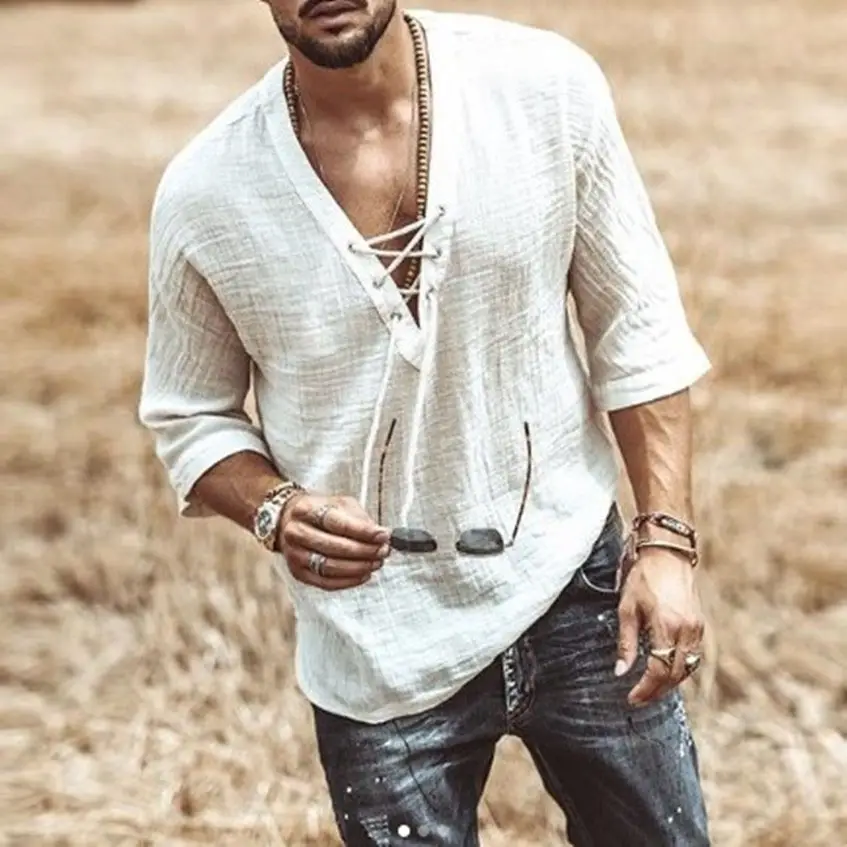 Men's Light Blue V-Neck T-Shirt with Lace Up Front - Image 8
