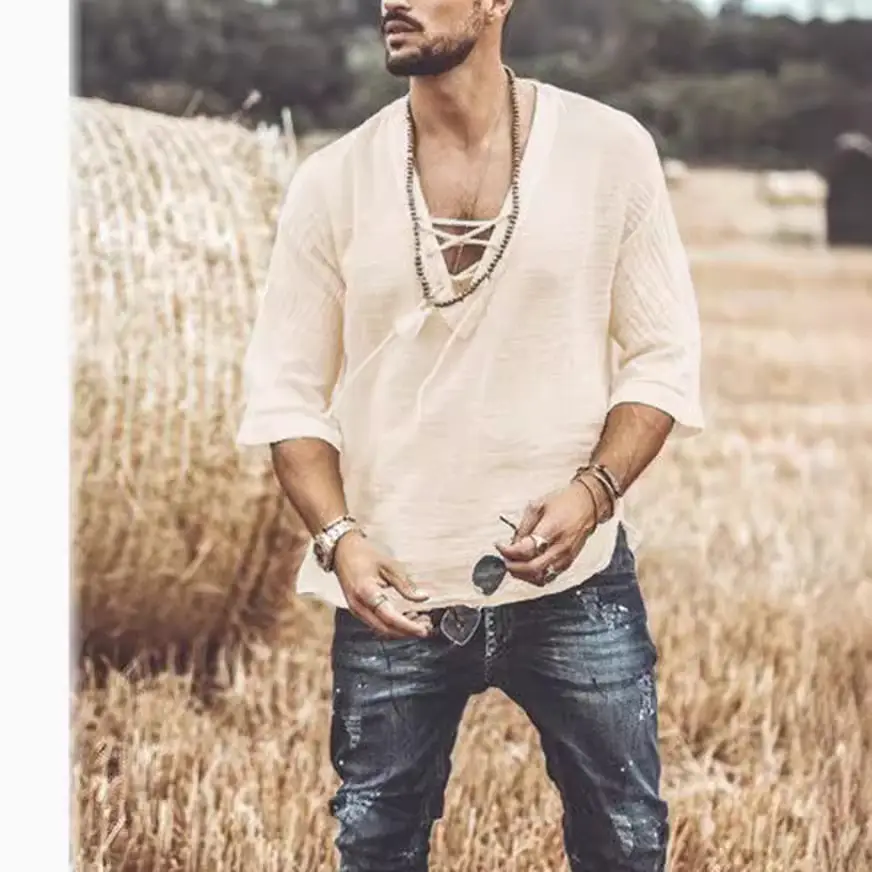 Men's Light Blue V-Neck T-Shirt with Lace Up Front - Image 9