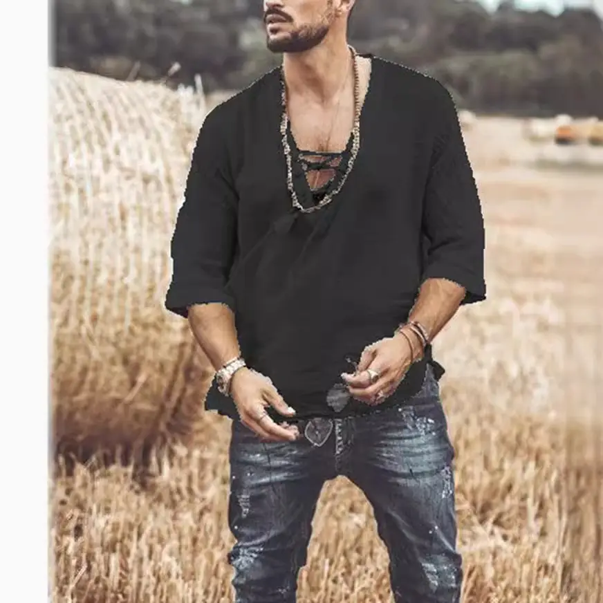 Men's Light Blue V-Neck T-Shirt with Lace Up Front - Image 10