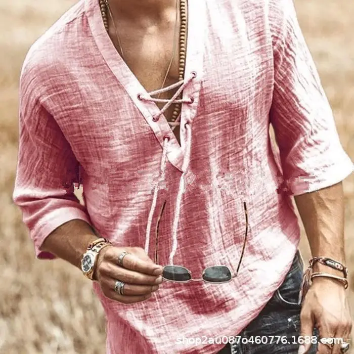 Men's Light Blue V-Neck T-Shirt with Lace Up Front - Image 2