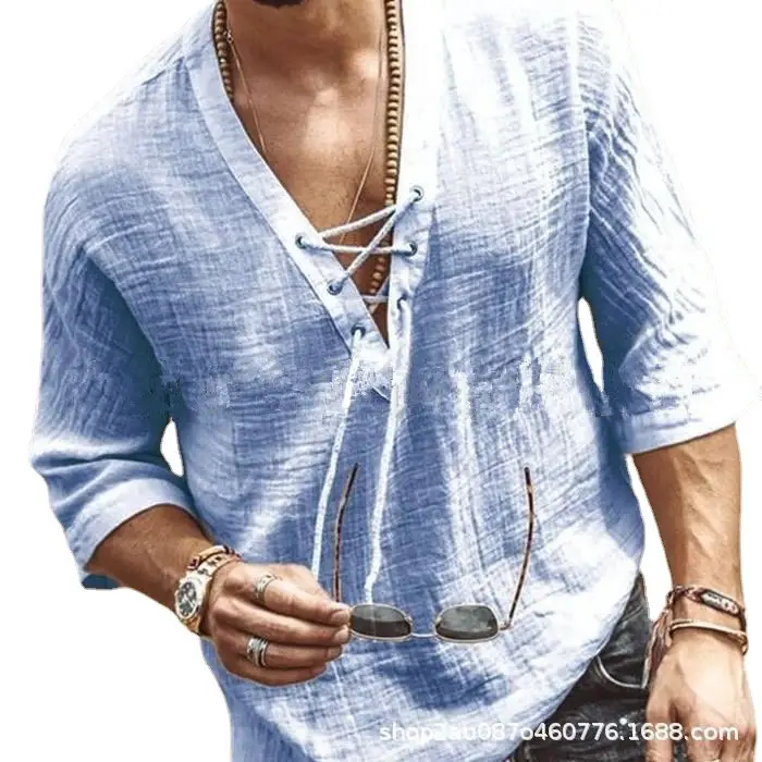 Men's Light Blue V-Neck T-Shirt with Lace Up Front - Image 11
