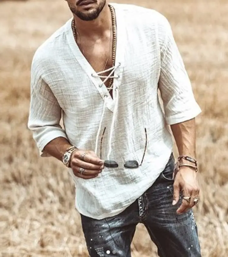 Men's Light Blue V-Neck T-Shirt with Lace Up Front — feature 55