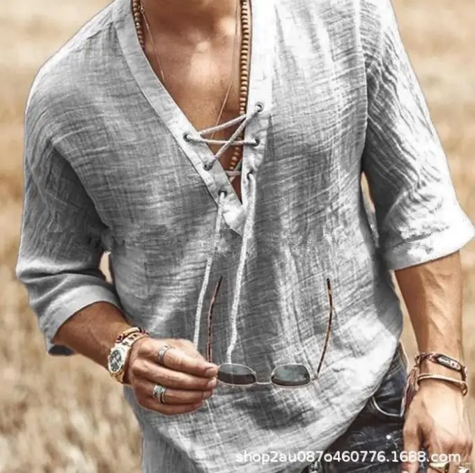 Men's Light Blue V-Neck T-Shirt with Lace Up Front - Image 3