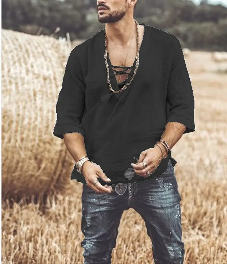 Men's Light Blue V-Neck T-Shirt with Lace Up Front - Image 4
