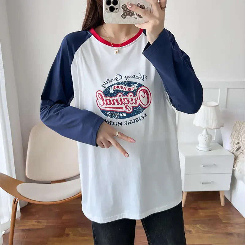 Postpartum Cotton Nursing Top Long Sleeve White Blue - Image 6